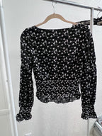 Code Mode Black Ditsy Floral Square-Neck Smocked Blouse (S)