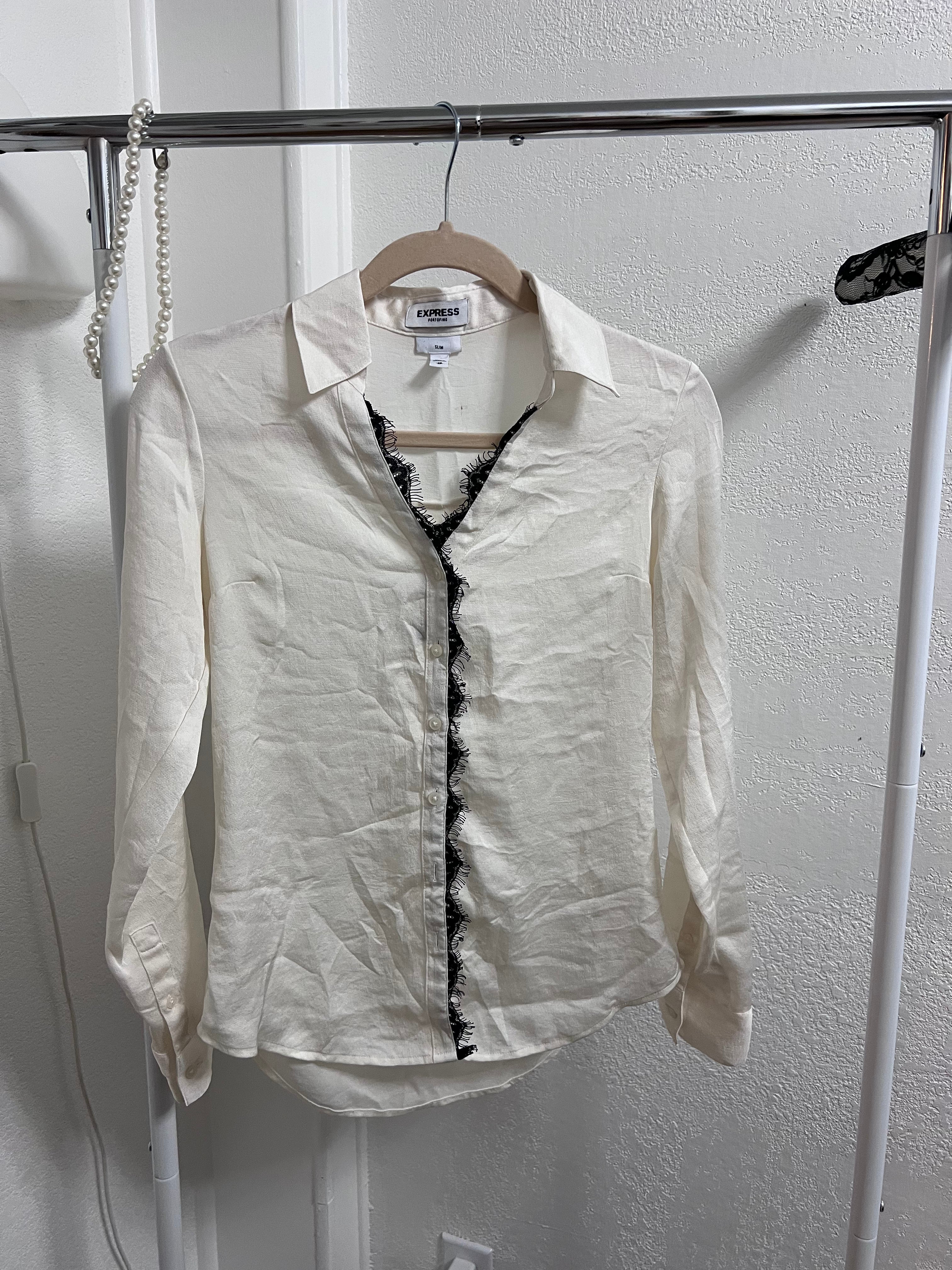 Express Portofino Slim Lace-Trim Button-Down