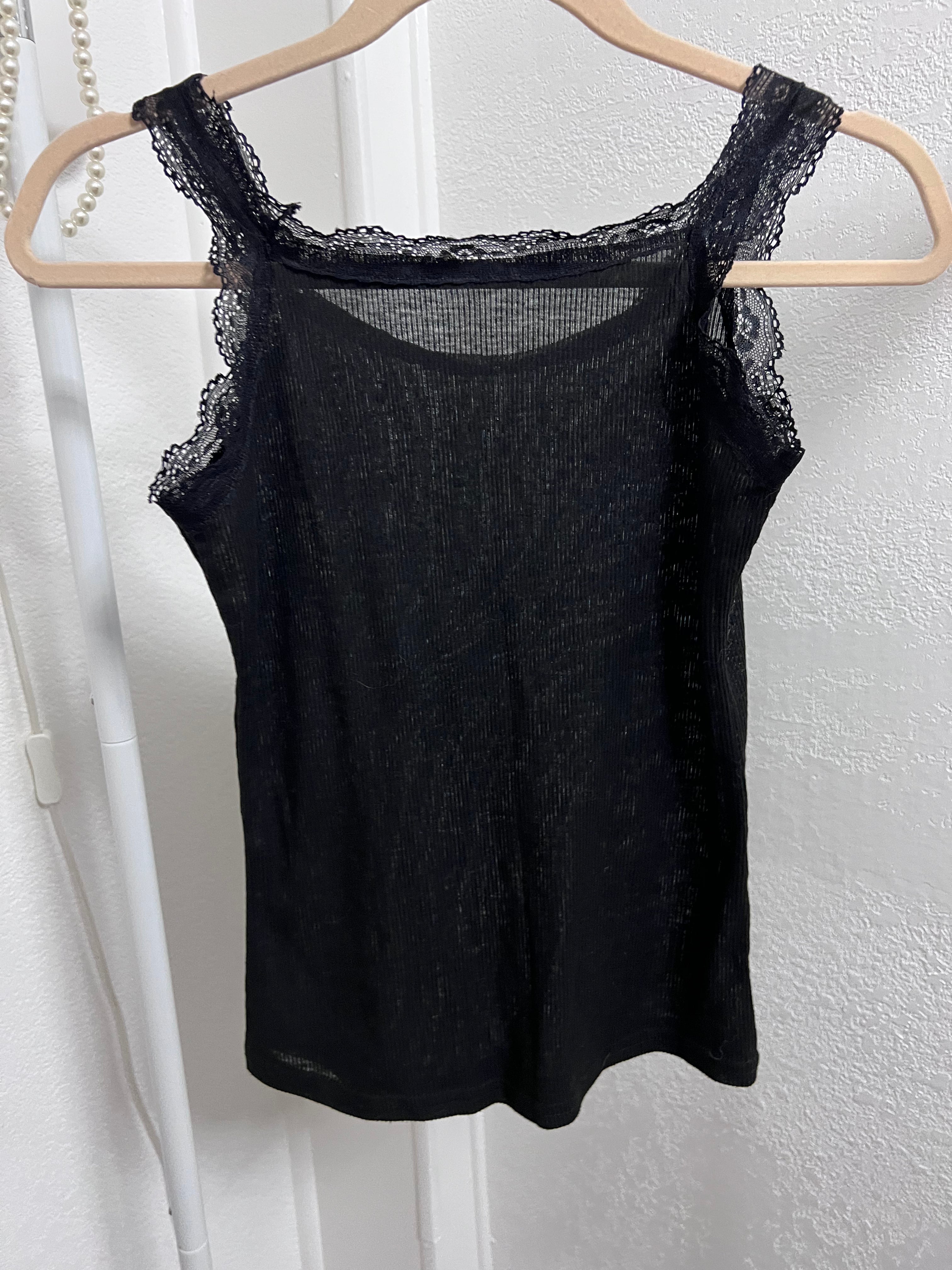 Black Lace Trim Rhinestone Tank Top