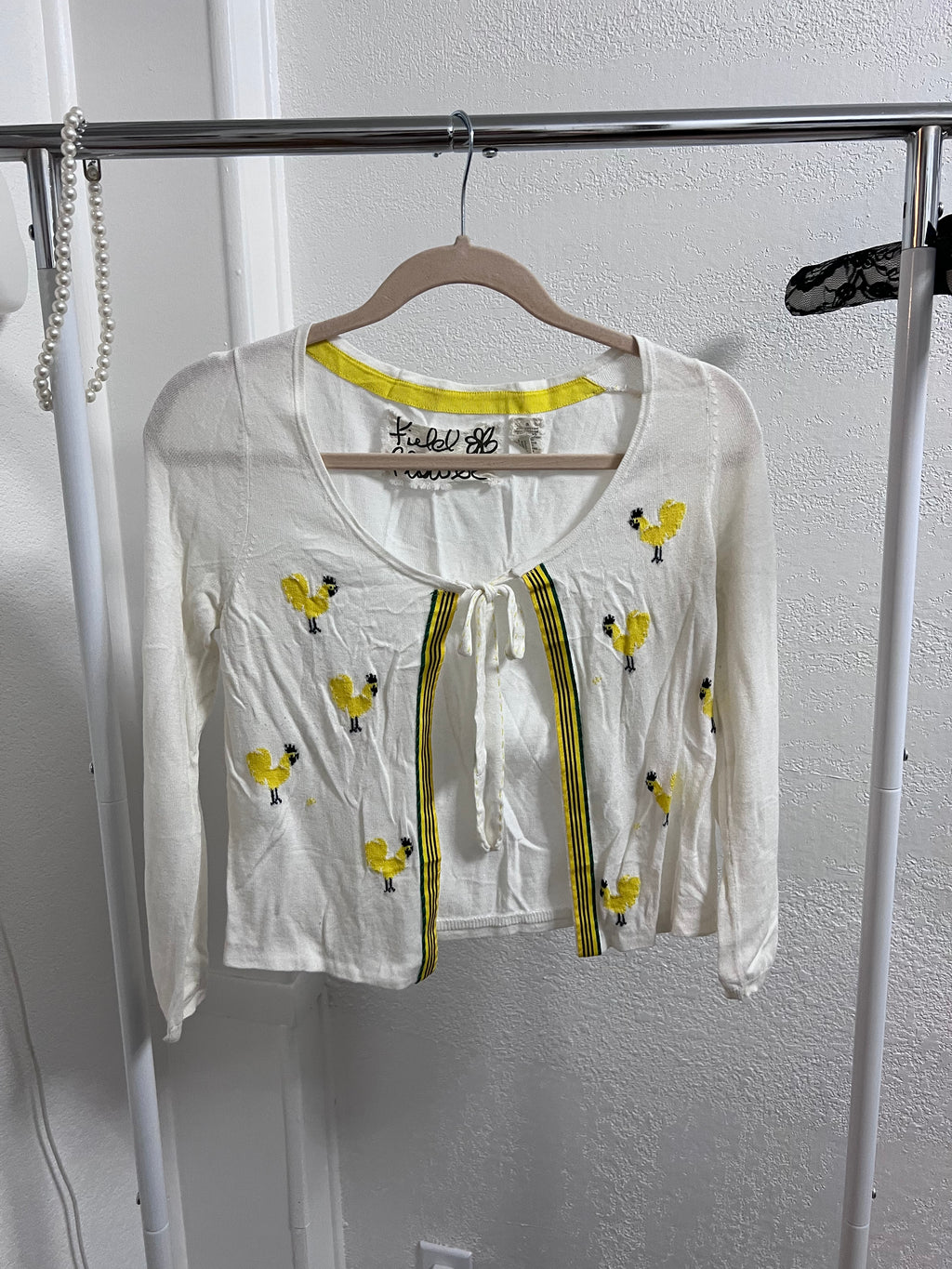 Field of Dreams Chick Embroidered Tie-Front Cardigan