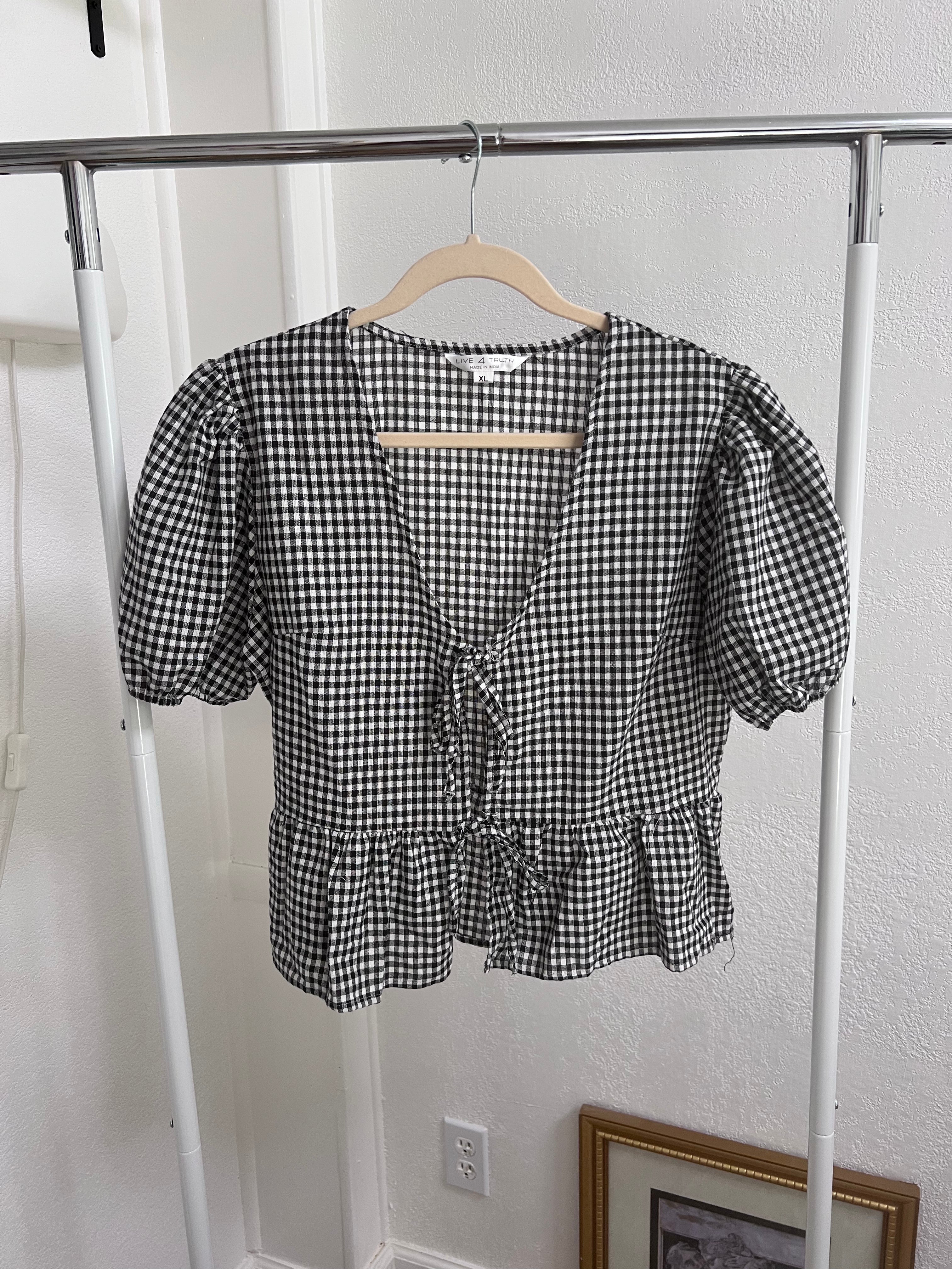 bw gingham tie-front babydoll blouse