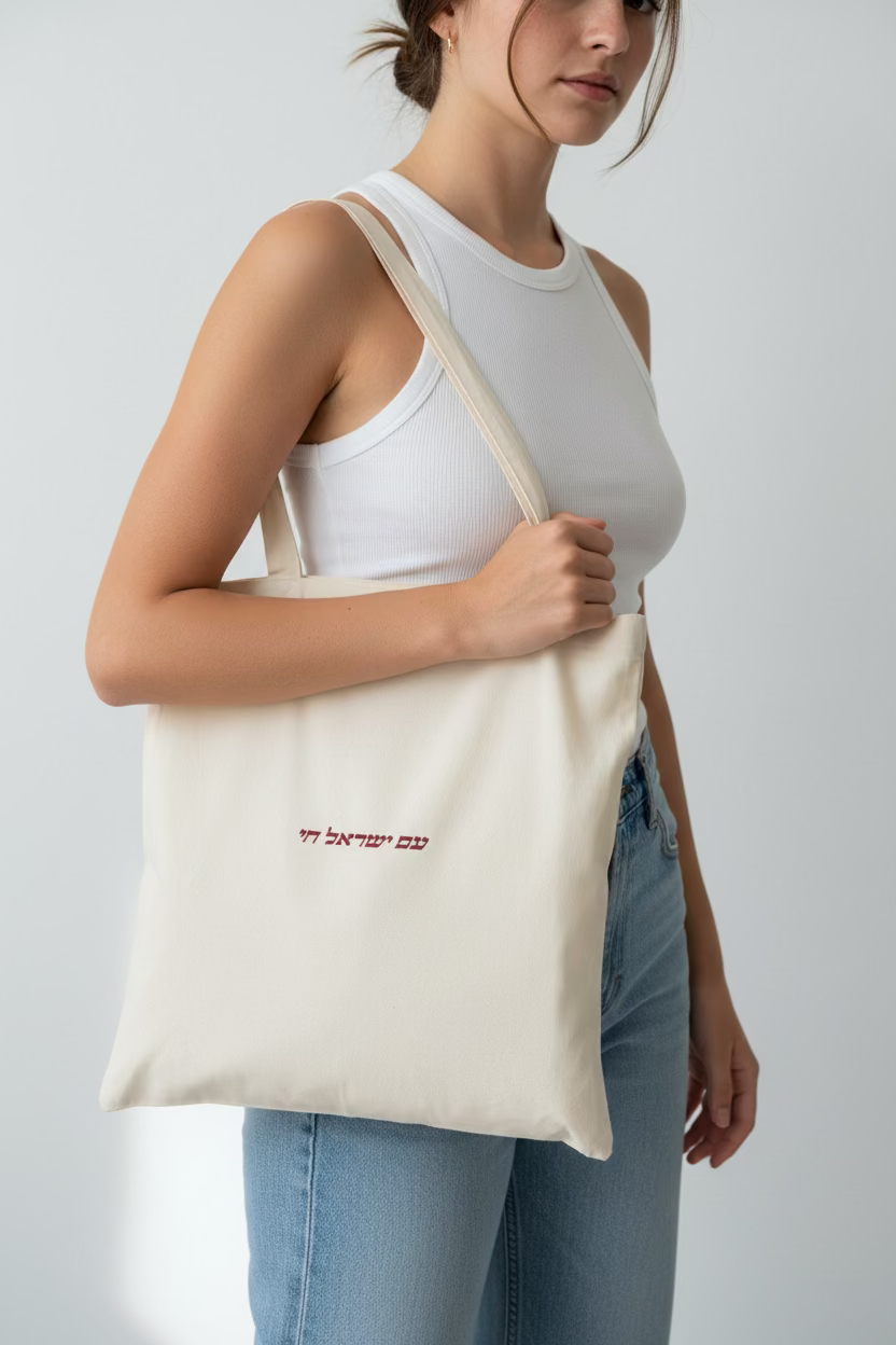 Beige tote bag with am Israel chai